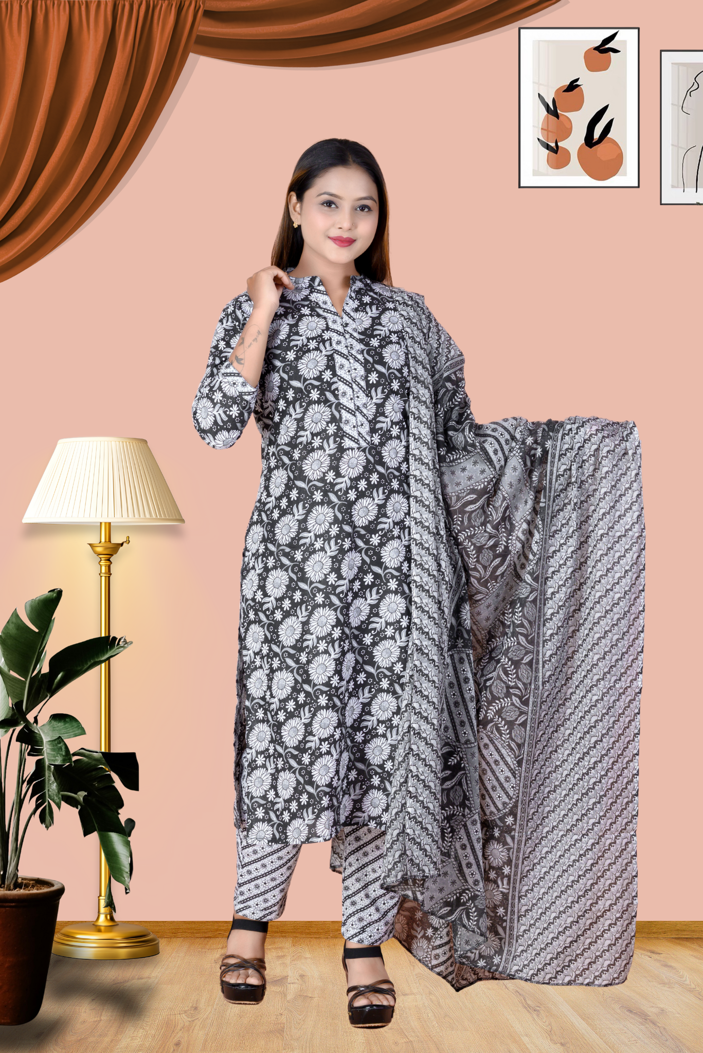 Suskriti Élora — Indigo Black Digital‑Print Pure Cotton Kurta Set with Dupatta & Printed Pants (Copy)
