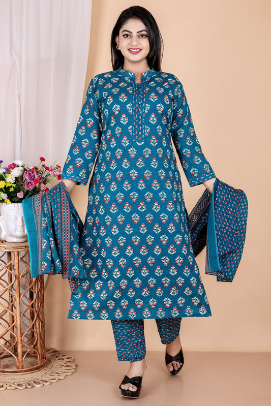 Tarang Line - Women's Indigo Print Pure Cambric Cotton Kurta Set with Dupatta