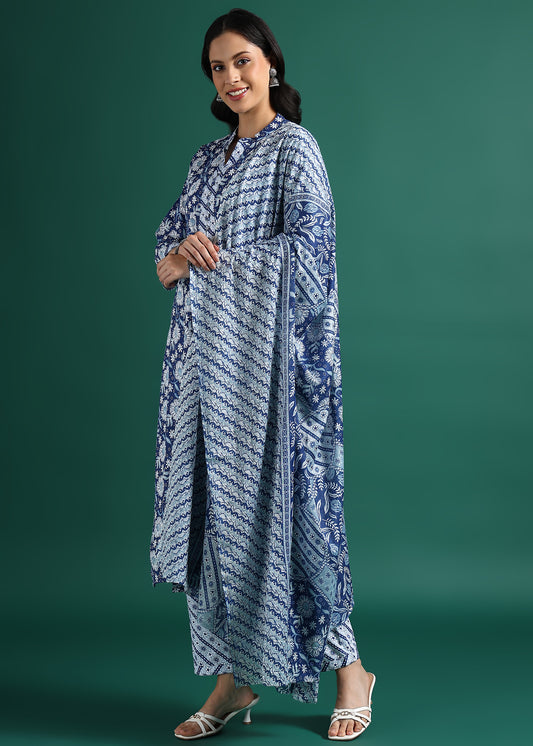 Suskriti Élora — Indigo Blue Digital‑Print Pure Cotton Kurta Set with Dupatta & Printed Pants