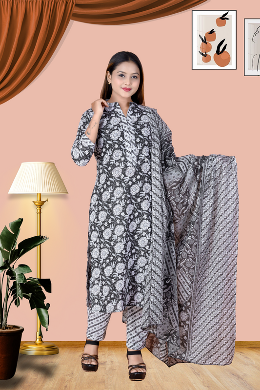 Suskriti Élora — Indigo Black Digital‑Print Pure Cotton Kurta Set with Dupatta & Printed Pants (Copy)