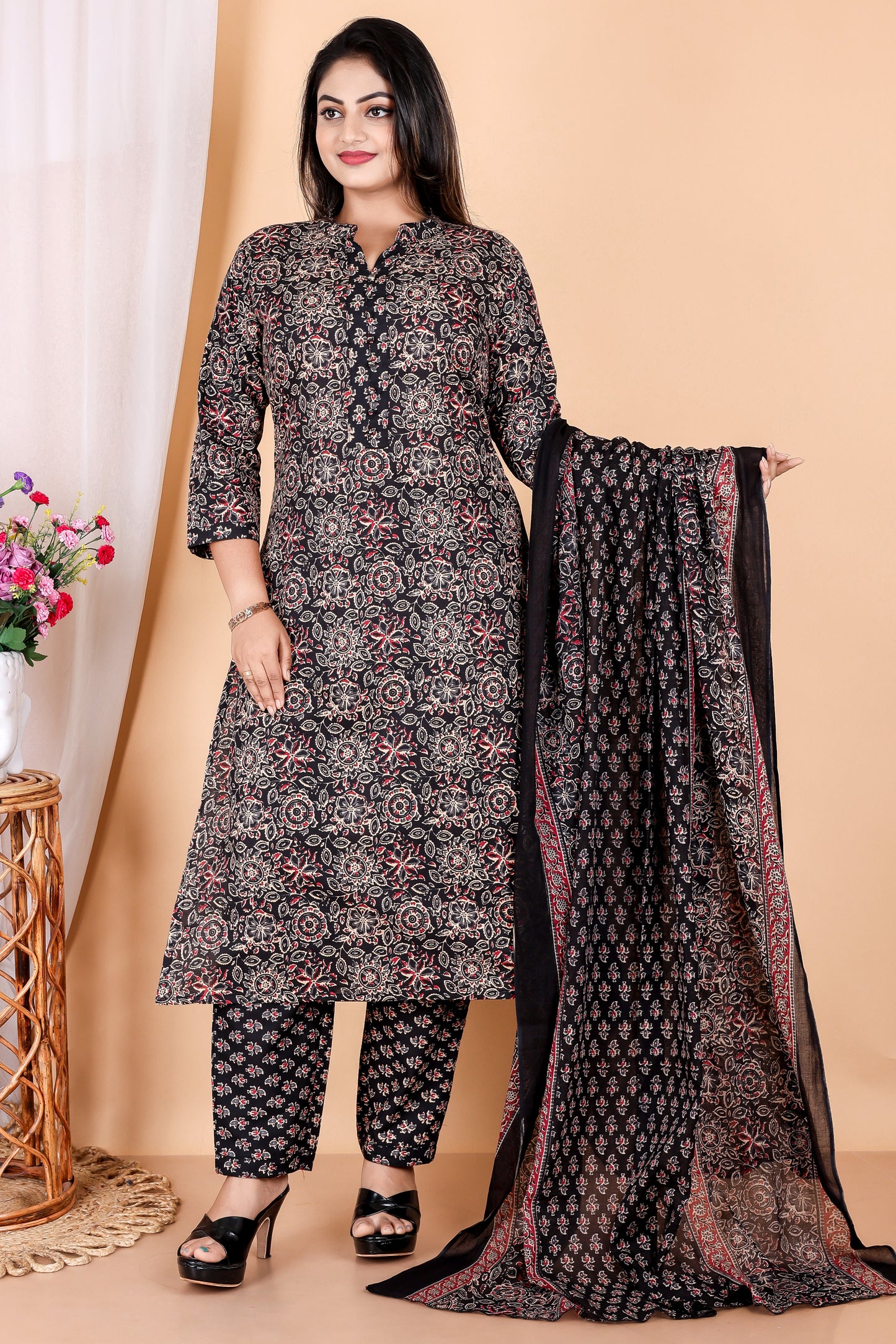 Tarang Line - Women's Ajrak Print Pure Cambric Cotton Kurta Set with Dupatta