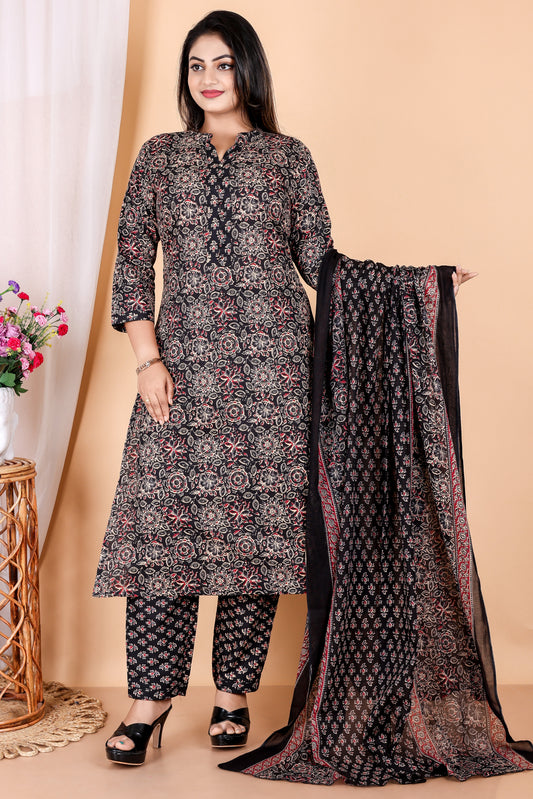 Tarang Line - Women's Ajrak Print Pure Cambric Cotton Kurta Set with Dupatta