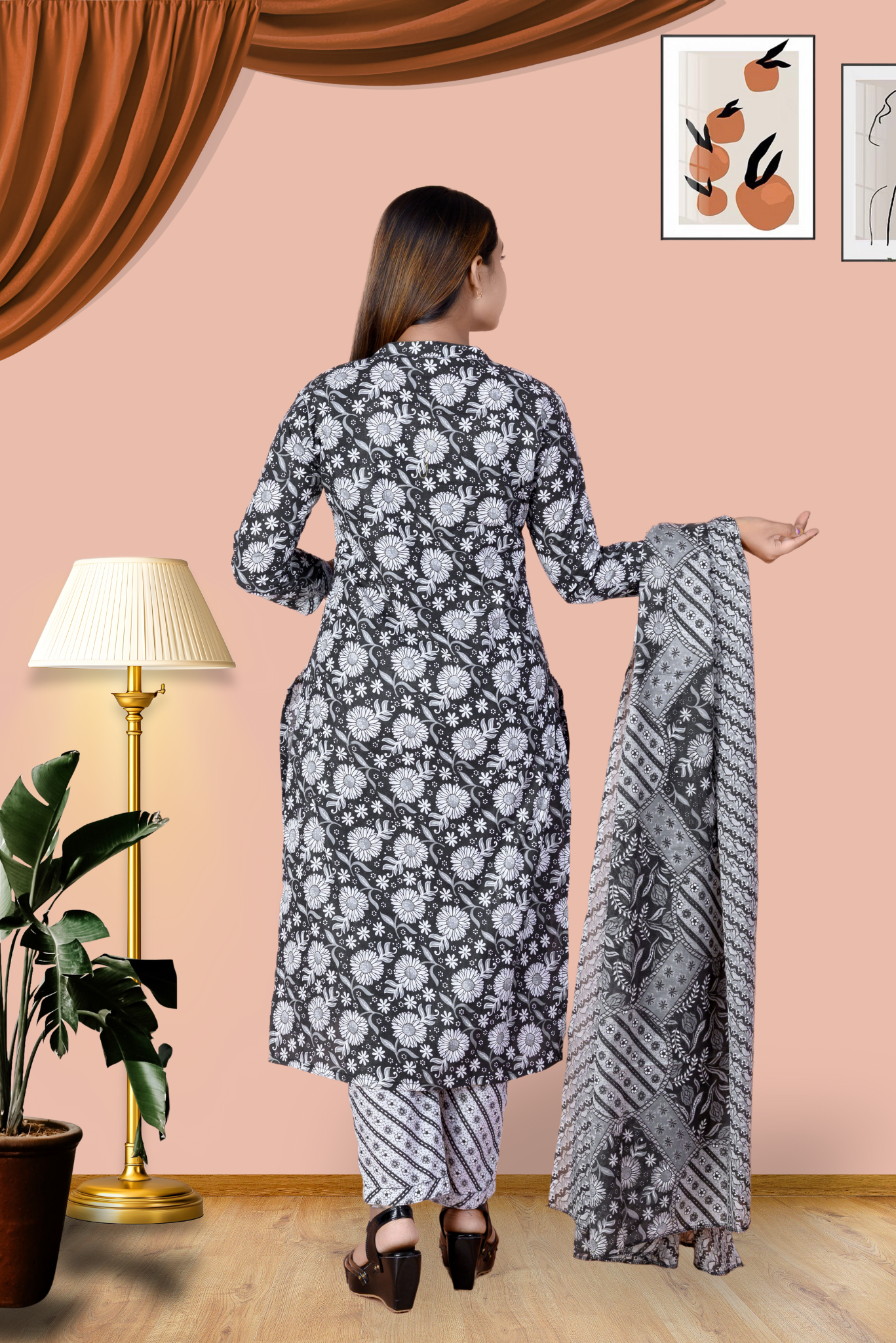 Suskriti Élora — Indigo Black Digital‑Print Pure Cotton Kurta Set with Dupatta & Printed Pants (Copy)