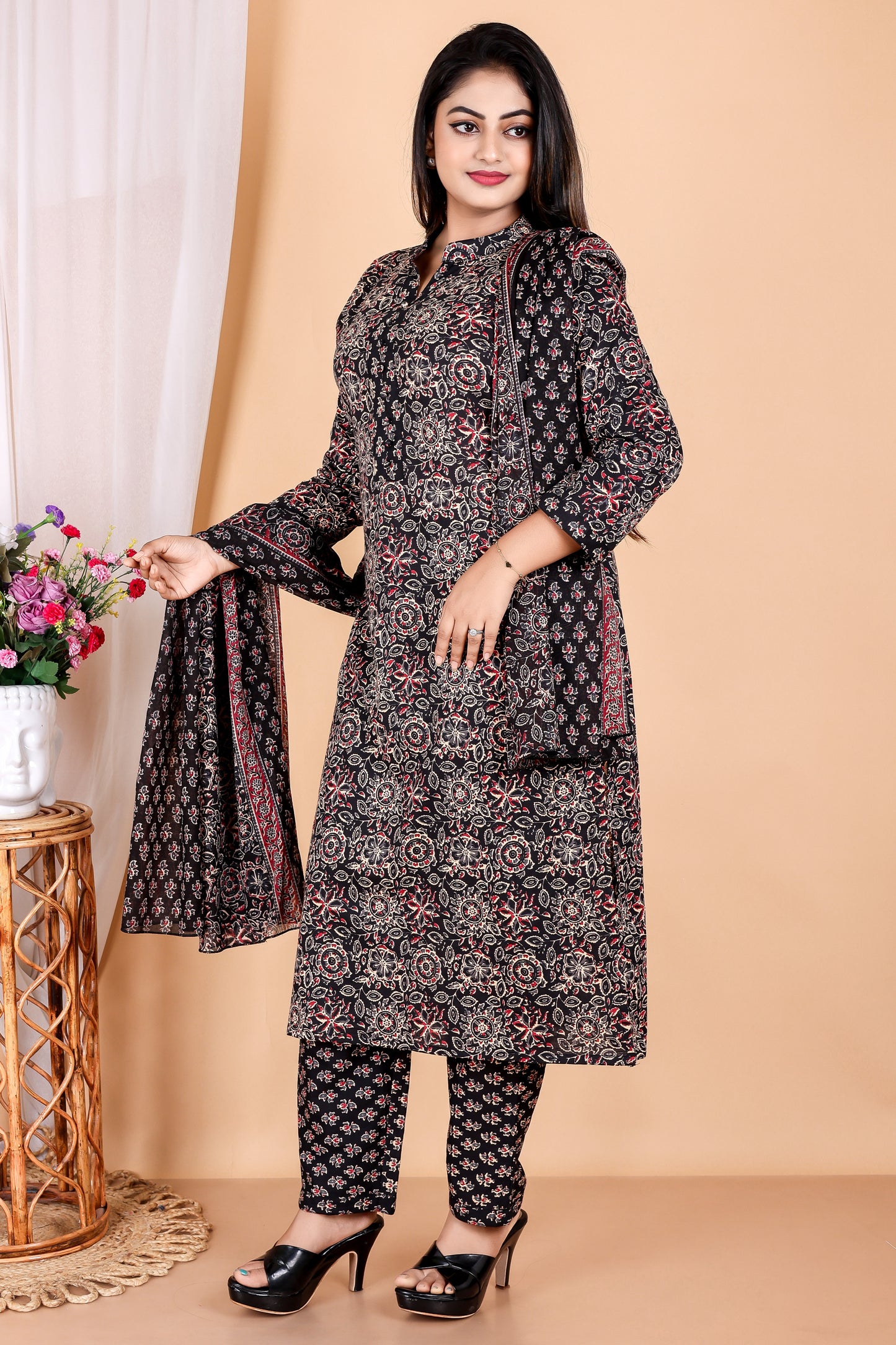 Tarang Line - Women's Ajrak Print Pure Cambric Cotton Kurta Set with Dupatta