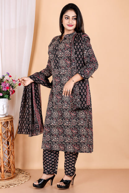 Tarang Line - Women's Ajrak Print Pure Cambric Cotton Kurta Set with Dupatta