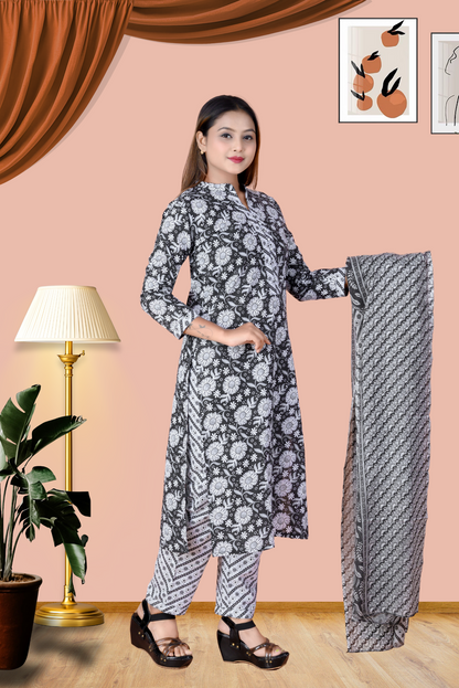 Suskriti Élora — Indigo Black Digital‑Print Pure Cotton Kurta Set with Dupatta & Printed Pants (Copy)