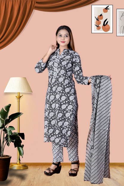 Suskriti Élora — Indigo Black Digital‑Print Pure Cotton Kurta Set with Dupatta & Printed Pants (Copy)