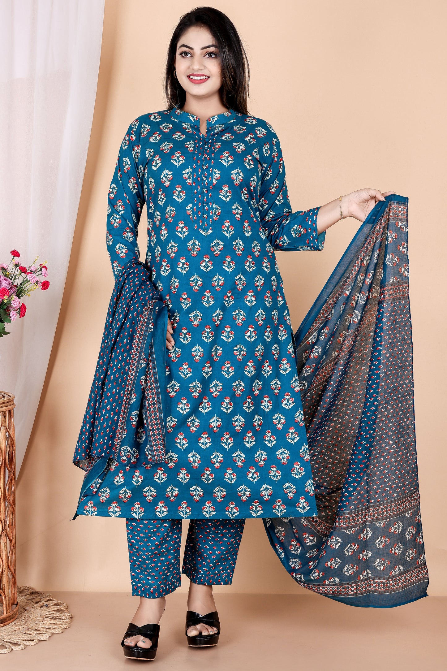 Tarang Line - Women's Indigo Print Pure Cambric Cotton Kurta Set with Dupatta