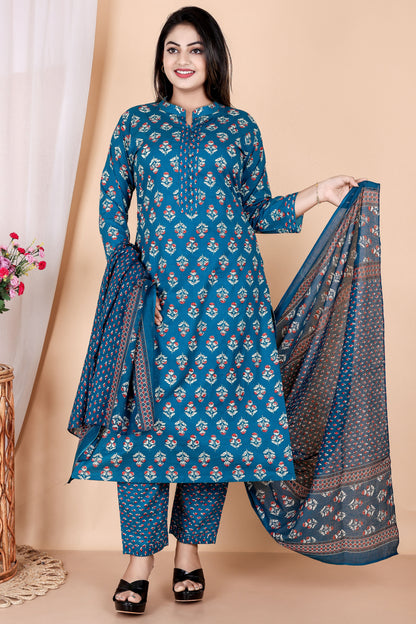 Tarang Line - Women's Indigo Print Pure Cambric Cotton Kurta Set with Dupatta