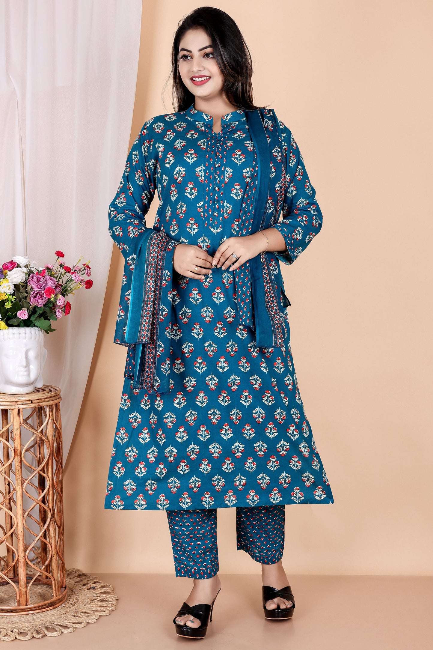 Tarang Line - Women's Indigo Print Pure Cambric Cotton Kurta Set with Dupatta