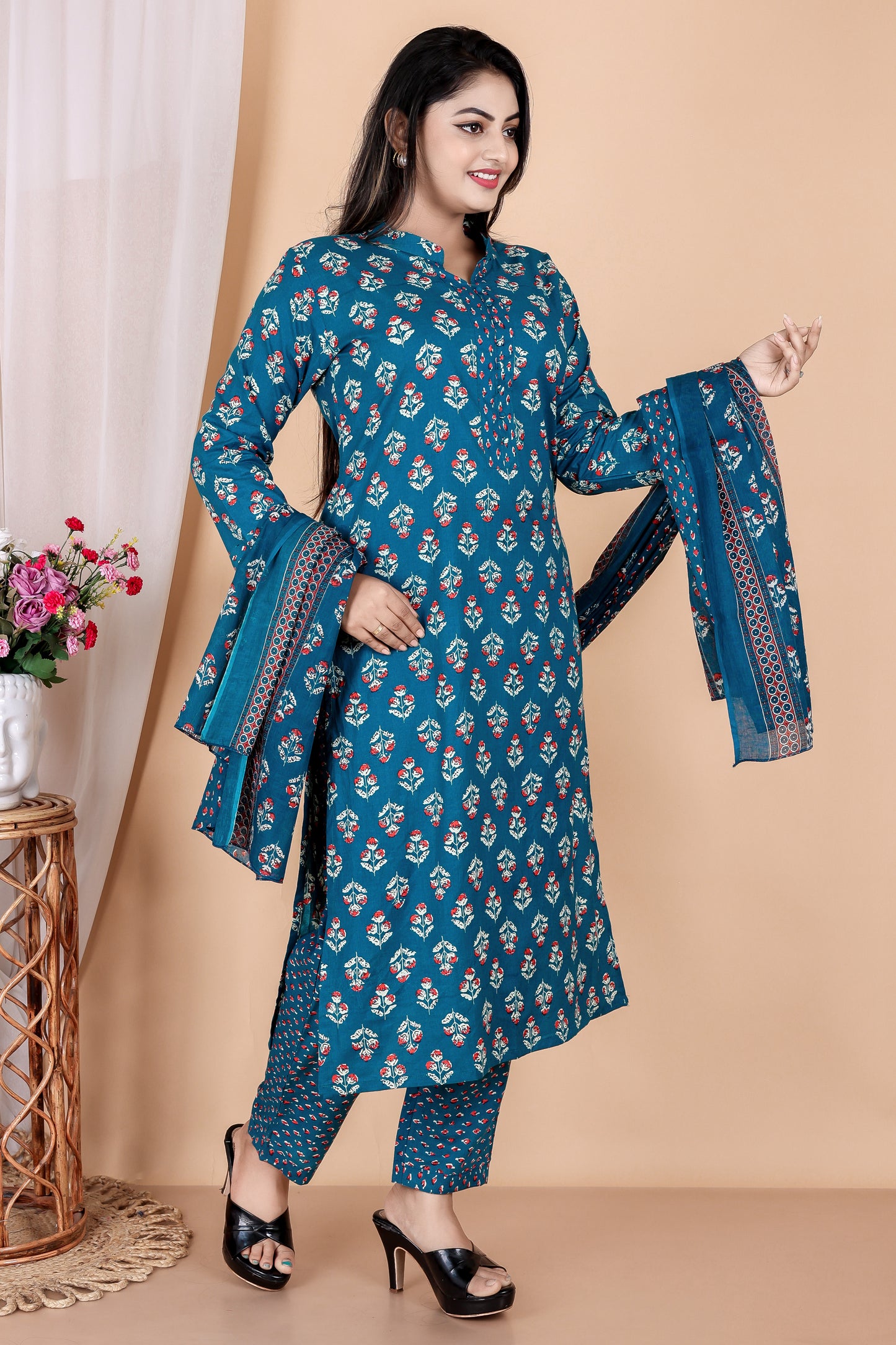 Tarang Line - Women's Indigo Print Pure Cambric Cotton Kurta Set with Dupatta