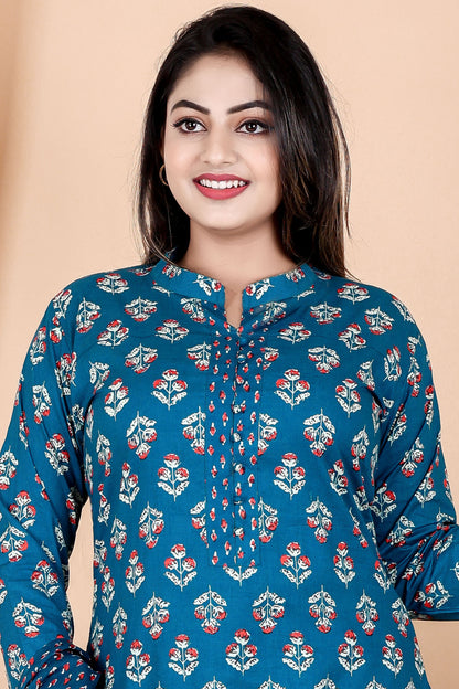 Tarang Line - Women's Indigo Print Pure Cambric Cotton Kurta Set with Dupatta