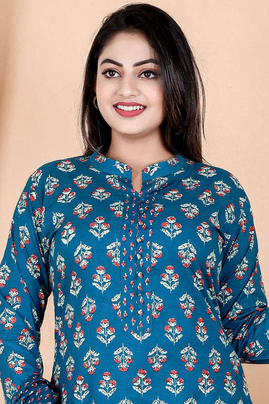 Tarang Line - Women's Indigo Print Pure Cambric Cotton Kurta Set with Dupatta