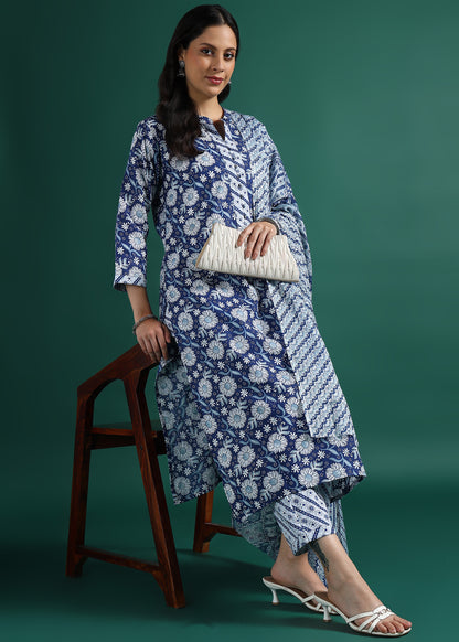 Suskriti Élora — Indigo Blue Digital‑Print Pure Cotton Kurta Set with Dupatta & Printed Pants