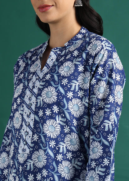 Suskriti Élora — Indigo Blue Digital‑Print Pure Cotton Kurta Set with Dupatta & Printed Pants
